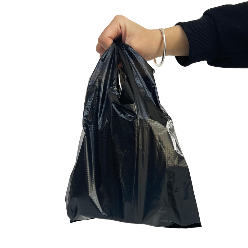 Borsa da maglietta nera in plastica in HDPE per lo shopping nei supermercati